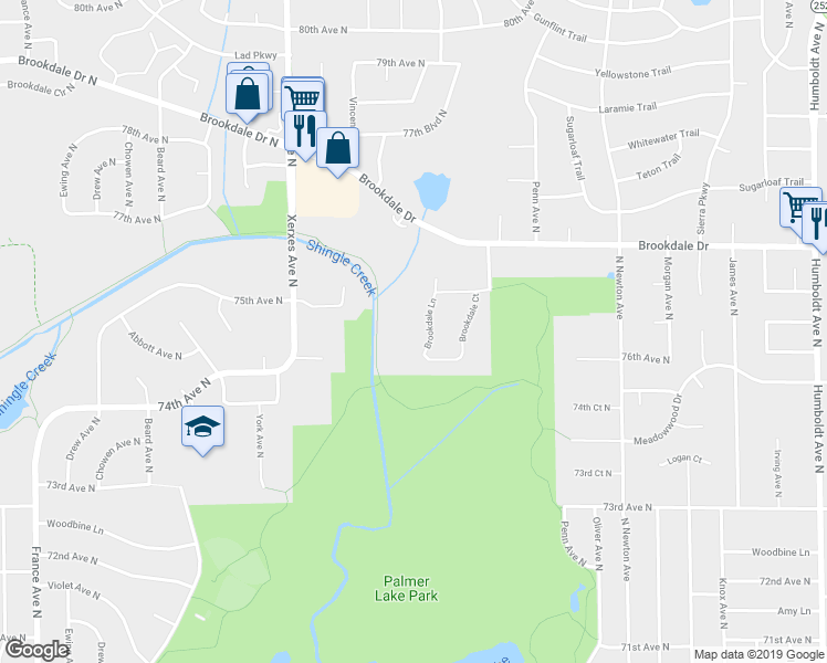 map of restaurants, bars, coffee shops, grocery stores, and more near 2649 Brookdale Lane in Brooklyn Park