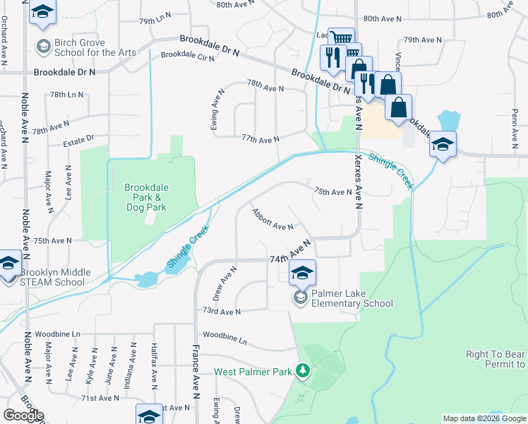 map of restaurants, bars, coffee shops, grocery stores, and more near 7435 Abbott Avenue North in Minneapolis