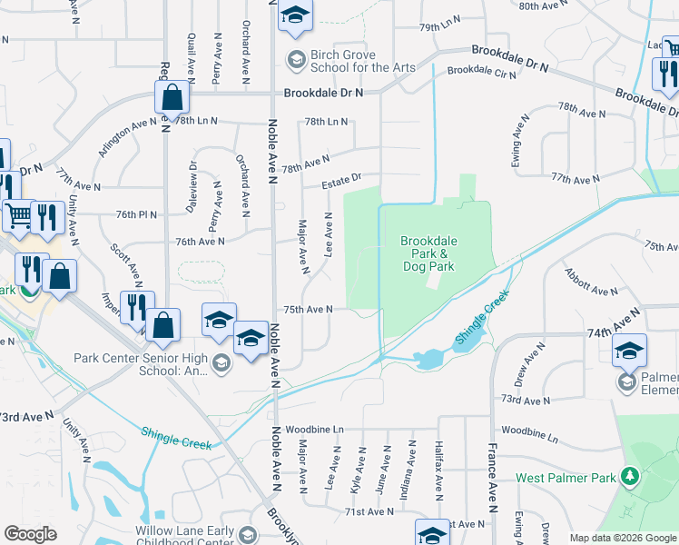 map of restaurants, bars, coffee shops, grocery stores, and more near 7538 Lee Avenue North in Minneapolis