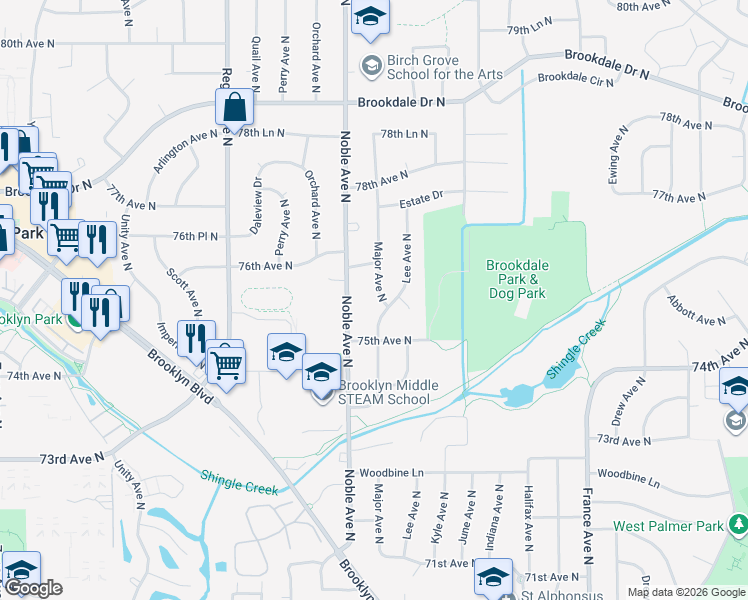 map of restaurants, bars, coffee shops, grocery stores, and more near 7508 Noble Avenue North in Minneapolis