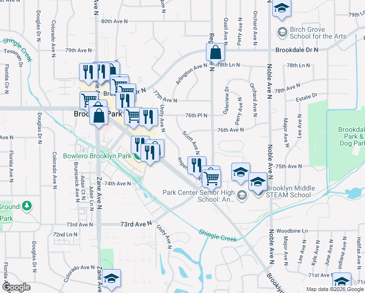 map of restaurants, bars, coffee shops, grocery stores, and more near 7525 Imperial Drive North in Minneapolis