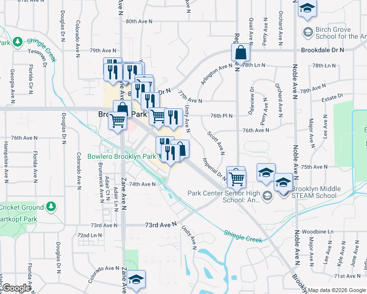 map of restaurants, bars, coffee shops, grocery stores, and more near 7516 Brooklyn Boulevard in Minneapolis