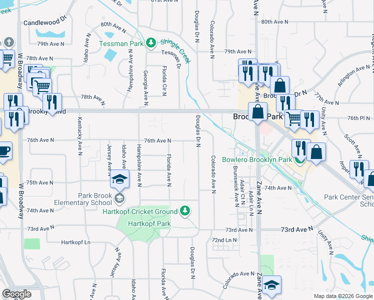 map of restaurants, bars, coffee shops, grocery stores, and more near 7517 Edgewood Avenue North in Minneapolis