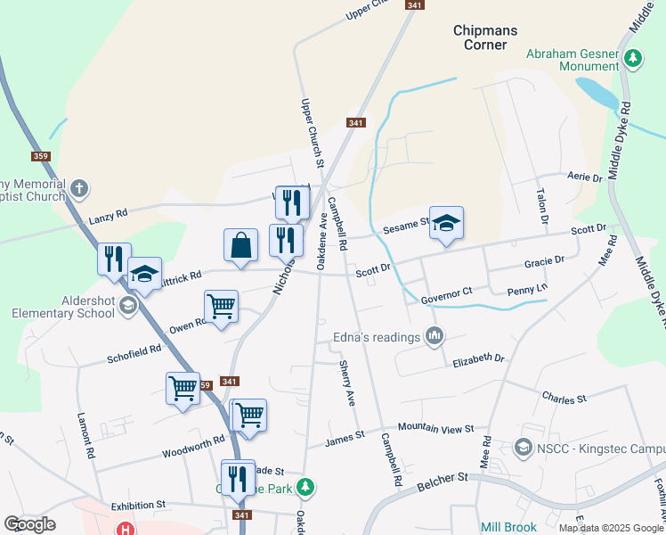 map of restaurants, bars, coffee shops, grocery stores, and more near 1082 Scott Drive in Kentville