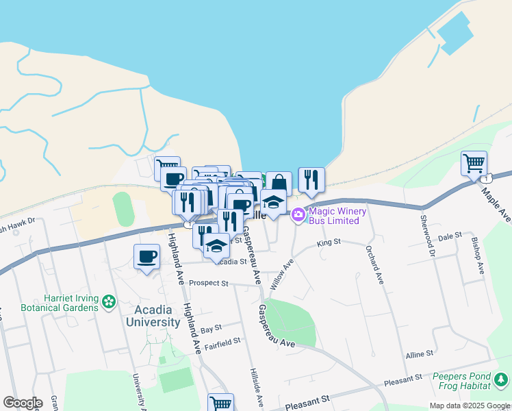map of restaurants, bars, coffee shops, grocery stores, and more near 355 Main Street in Wolfville