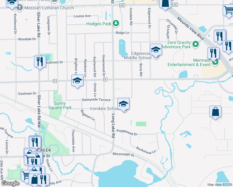 map of restaurants, bars, coffee shops, grocery stores, and more near 2455 Long Lake Road in New Brighton