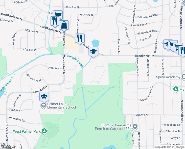 map of restaurants, bars, coffee shops, grocery stores, and more near 2649 Brookdale Lane in Brooklyn Park