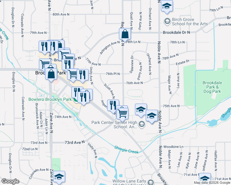 map of restaurants, bars, coffee shops, grocery stores, and more near 7525 Scott Avenue North in Minneapolis