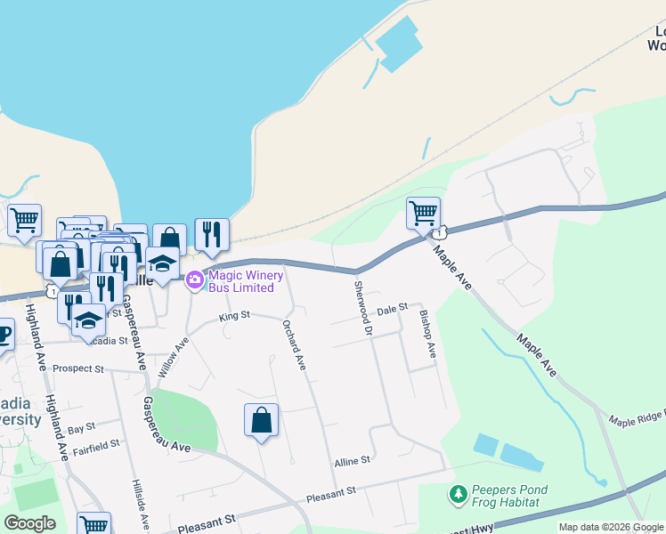 map of restaurants, bars, coffee shops, grocery stores, and more near 186 Main Street in Wolfville