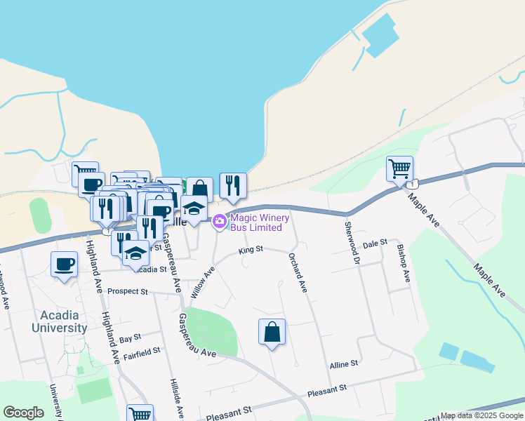 map of restaurants, bars, coffee shops, grocery stores, and more near 235 Main Street in Wolfville