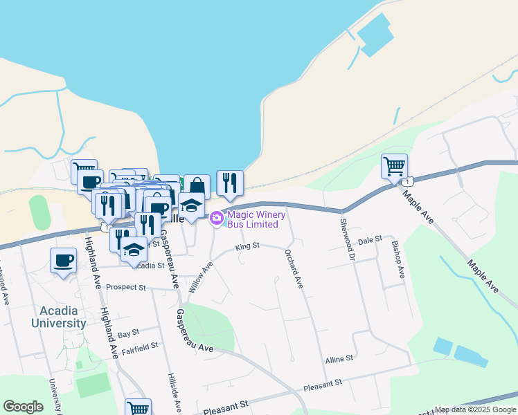 map of restaurants, bars, coffee shops, grocery stores, and more near 235 Main Street in Wolfville