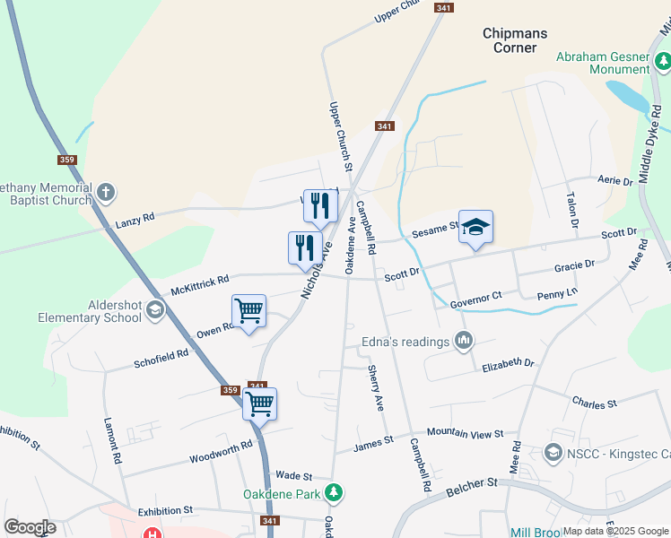 map of restaurants, bars, coffee shops, grocery stores, and more near 1098 Scott Drive in Kentville