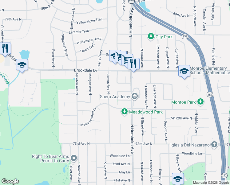 map of restaurants, bars, coffee shops, grocery stores, and more near 7601 North Irving Avenue in Minneapolis