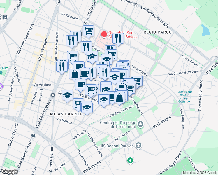 map of restaurants, bars, coffee shops, grocery stores, and more near 66 Via Saverio Mercadante in Torino