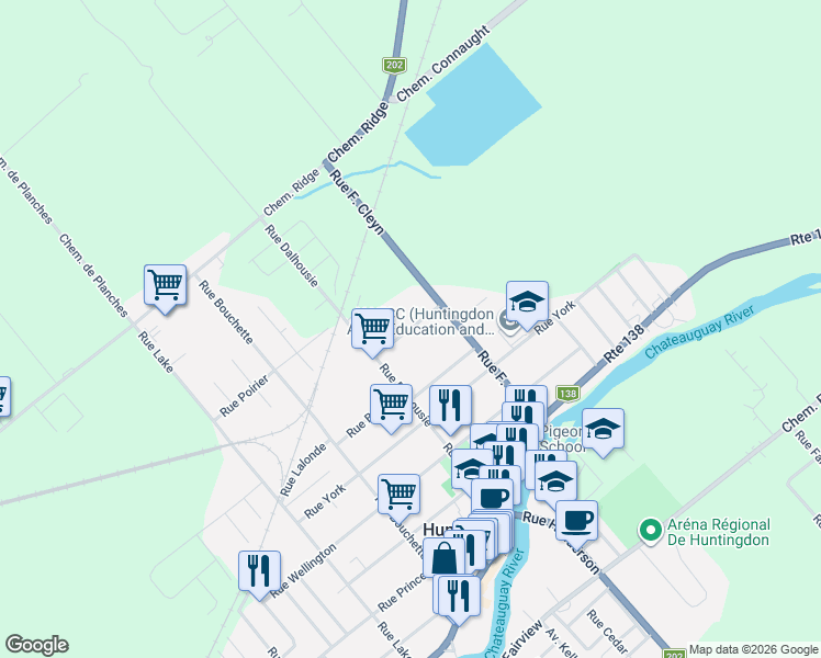 map of restaurants, bars, coffee shops, grocery stores, and more near Rue Kelly in Huntingdon