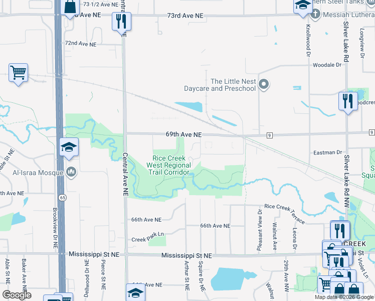 map of restaurants, bars, coffee shops, grocery stores, and more near 1509 North Timber Ridge in Fridley