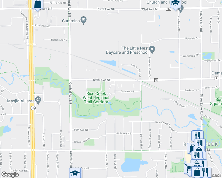 map of restaurants, bars, coffee shops, grocery stores, and more near 1530 North Timber Ridge in Fridley