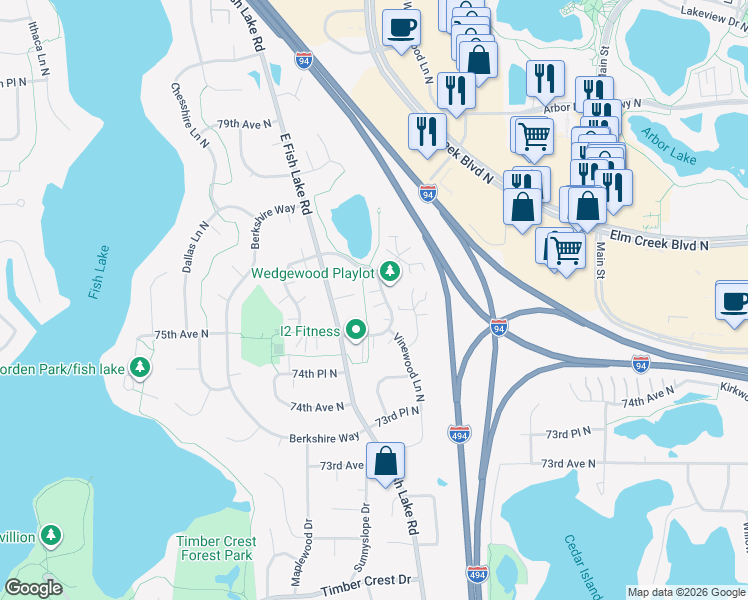 map of restaurants, bars, coffee shops, grocery stores, and more near 7583 Wedgewood Way North in Osseo