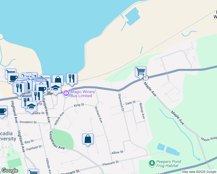 map of restaurants, bars, coffee shops, grocery stores, and more near 186 Main Street in Wolfville