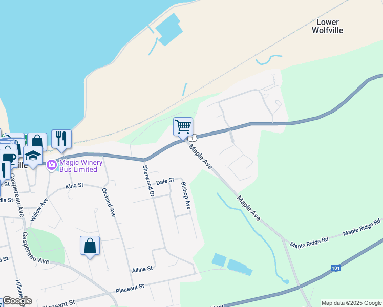 map of restaurants, bars, coffee shops, grocery stores, and more near 2 Maple Avenue in Wolfville