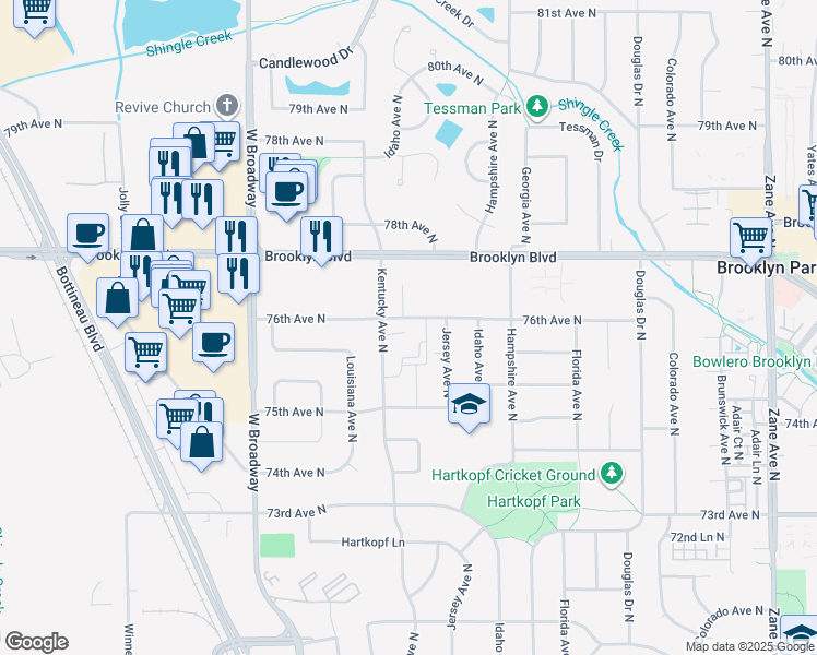 map of restaurants, bars, coffee shops, grocery stores, and more near 6917 76th Avenue North in Brooklyn Park