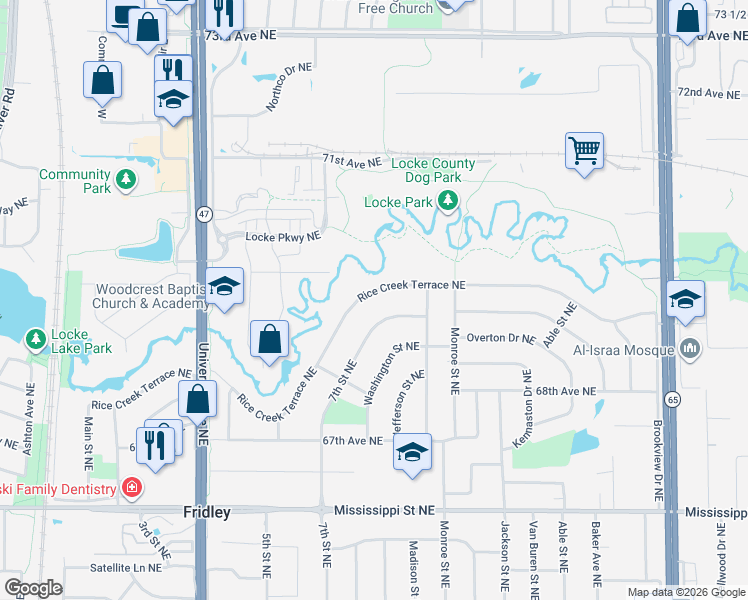 map of restaurants, bars, coffee shops, grocery stores, and more near 589 Rice Creek Terrace Northeast in Fridley