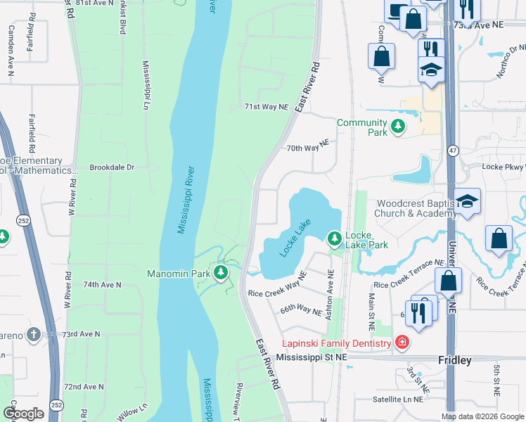 map of restaurants, bars, coffee shops, grocery stores, and more near 6820 Hickory Street Northeast in Fridley