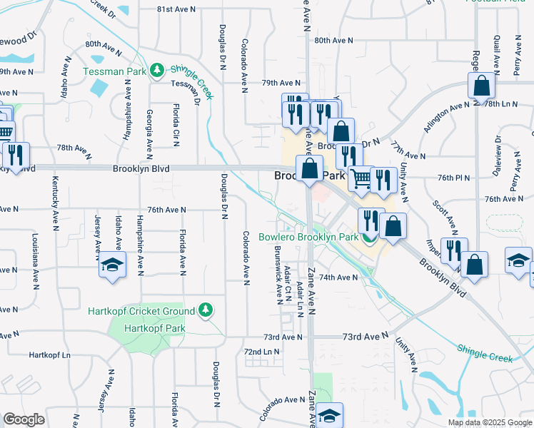 map of restaurants, bars, coffee shops, grocery stores, and more near 48 Unassigned in Brooklyn Park