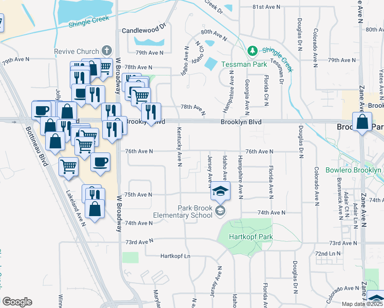 map of restaurants, bars, coffee shops, grocery stores, and more near 6917 76th Avenue North in Brooklyn Park