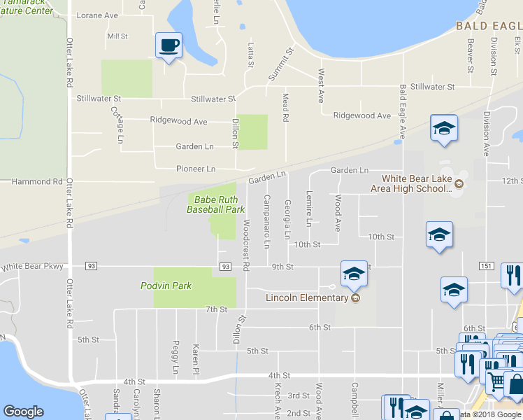 map of restaurants, bars, coffee shops, grocery stores, and more near 5001 Campanaro Lane in Saint Paul