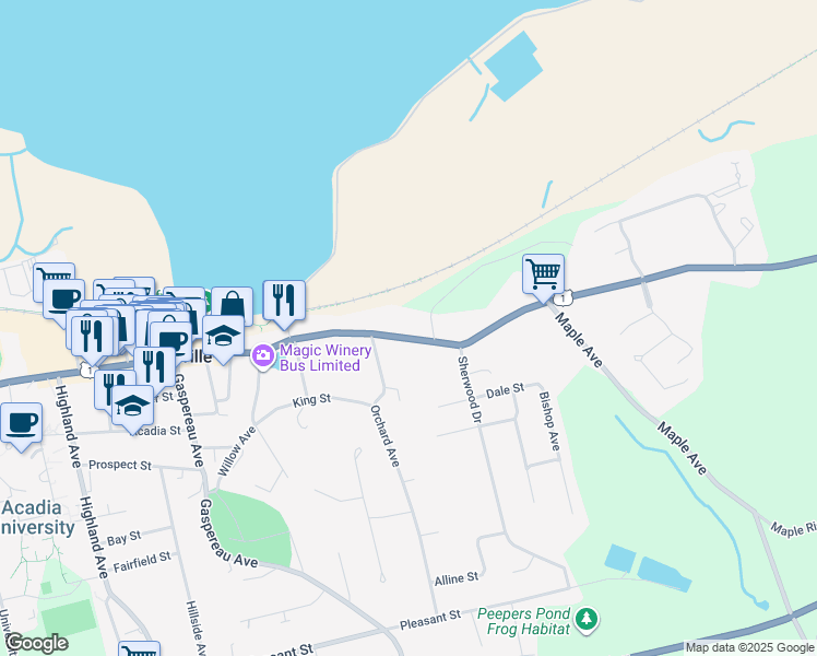 map of restaurants, bars, coffee shops, grocery stores, and more near 194 Main Street in Wolfville
