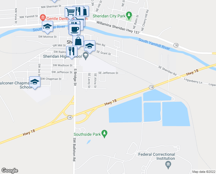 map of restaurants, bars, coffee shops, grocery stores, and more near 473 Southeast Excel Street in Sheridan