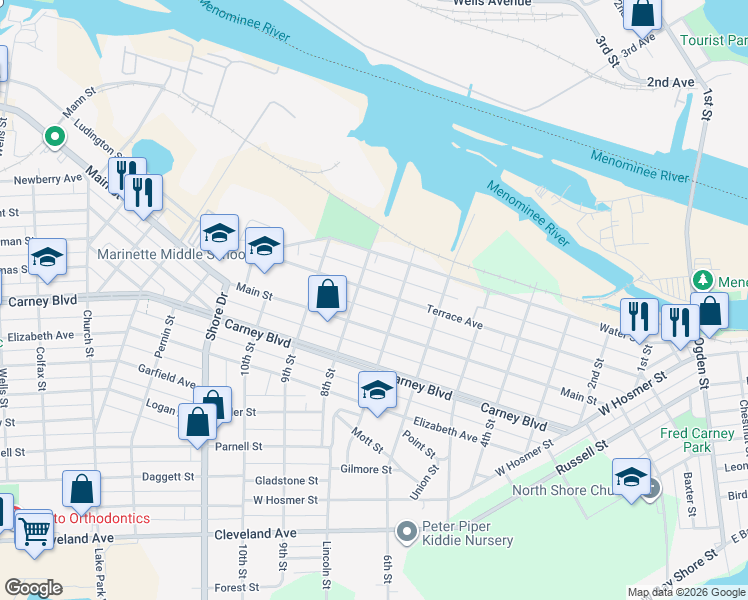 map of restaurants, bars, coffee shops, grocery stores, and more near 722 Terrace Avenue in Marinette