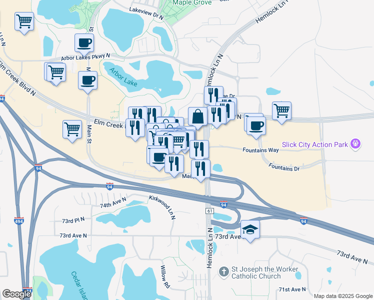 map of restaurants, bars, coffee shops, grocery stores, and more near 12055 Elm Creek Boulevard North in Maple Grove