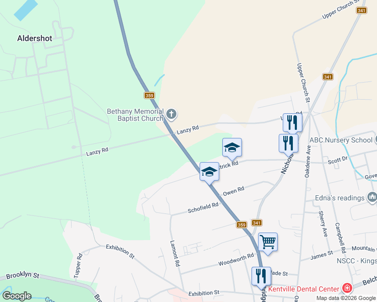 map of restaurants, bars, coffee shops, grocery stores, and more near 501 Aldershot Road in Kentville