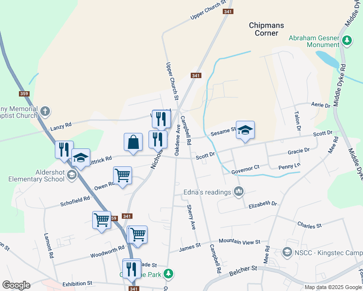 map of restaurants, bars, coffee shops, grocery stores, and more near 255 Oakdene Avenue in Kentville