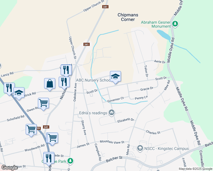 map of restaurants, bars, coffee shops, grocery stores, and more near 1014 Scott Drive in Kentville