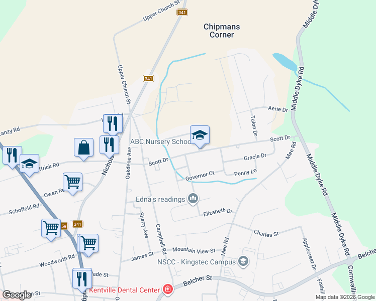 map of restaurants, bars, coffee shops, grocery stores, and more near 1010 Scott Drive in Kentville
