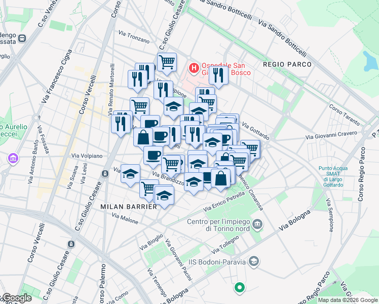 map of restaurants, bars, coffee shops, grocery stores, and more near 66 Via Saverio Mercadante in Torino