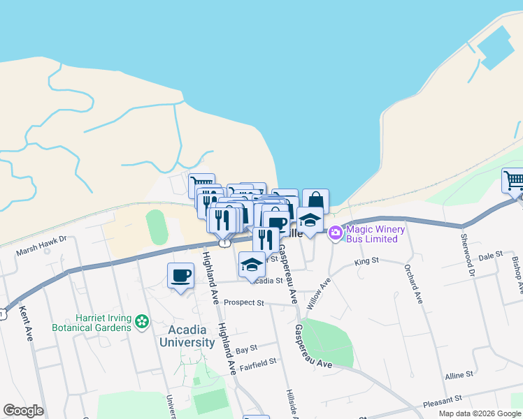 map of restaurants, bars, coffee shops, grocery stores, and more near 24 Harbourside Drive in Wolfville
