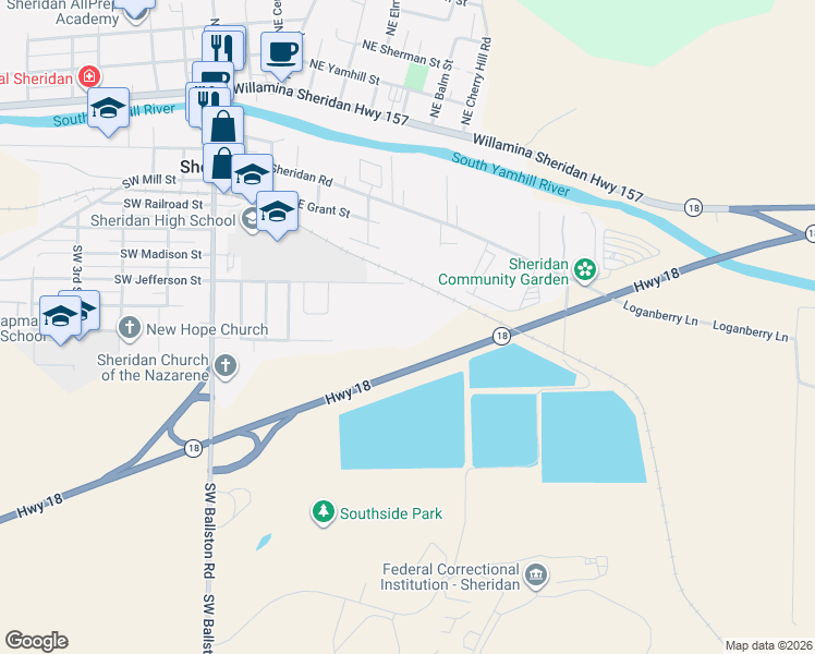 map of restaurants, bars, coffee shops, grocery stores, and more near 888 Southeast Sheridan Road in Sheridan