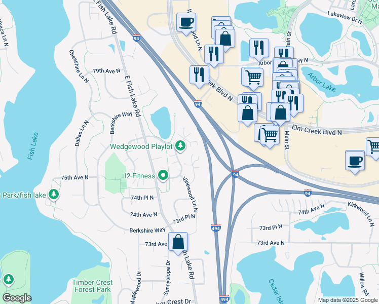 map of restaurants, bars, coffee shops, grocery stores, and more near 7580 Wedgewood Way North in Maple Grove