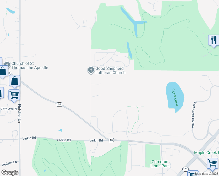 map of restaurants, bars, coffee shops, grocery stores, and more near 7600 Maple Hill Rd in Hamel