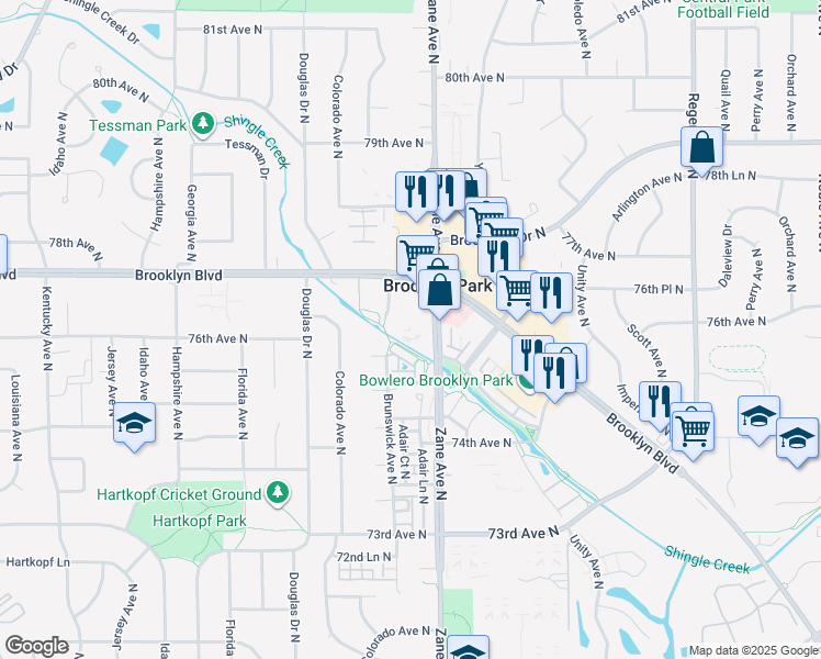 map of restaurants, bars, coffee shops, grocery stores, and more near 7601 Zane Avenue North in Brooklyn Park