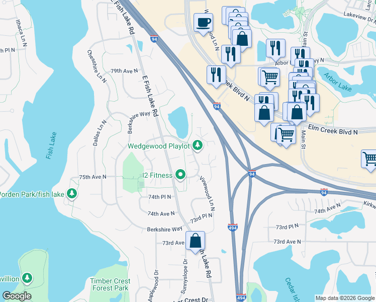 map of restaurants, bars, coffee shops, grocery stores, and more near 7583 Wedgewood Way North in Osseo