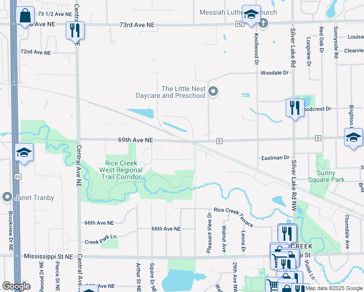 map of restaurants, bars, coffee shops, grocery stores, and more near 1652 69th Avenue Northeast in Fridley