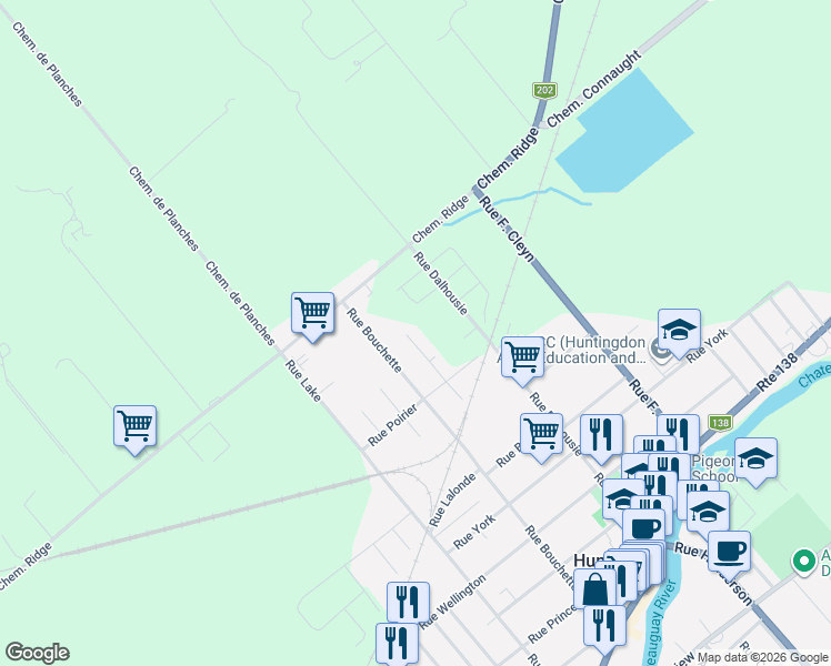 map of restaurants, bars, coffee shops, grocery stores, and more near 158 Rue Cunningham in Huntingdon