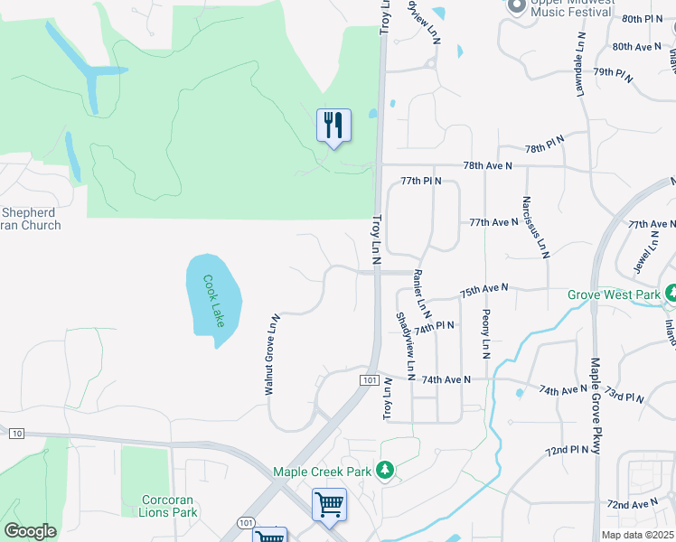 map of restaurants, bars, coffee shops, grocery stores, and more near 18447 75th Place North in Maple Grove