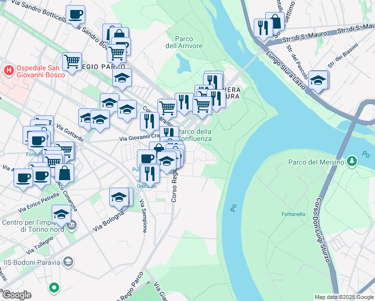 map of restaurants, bars, coffee shops, grocery stores, and more near 9 Via Renato Wuillermin in Torino