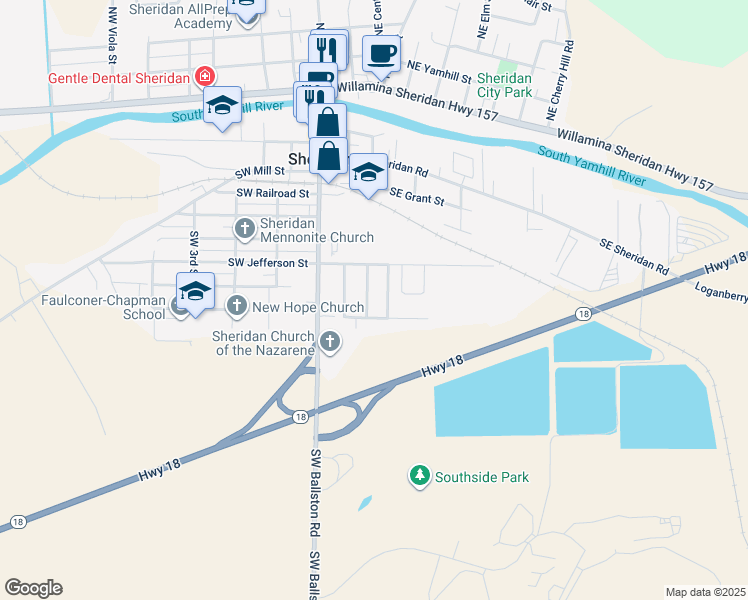 map of restaurants, bars, coffee shops, grocery stores, and more near 755 Southeast Lacey Street in Sheridan